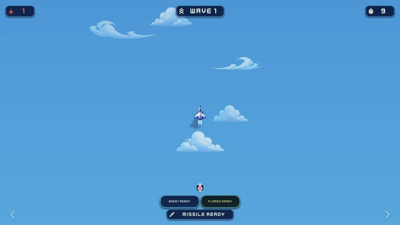 Sky Fighter Loop in flight with wave, survival timer, boost, flares, and missile status visible