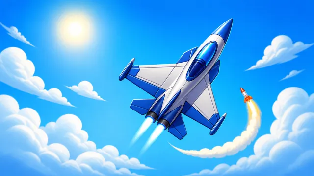 A jet climbing through a bright sky while a missile follows