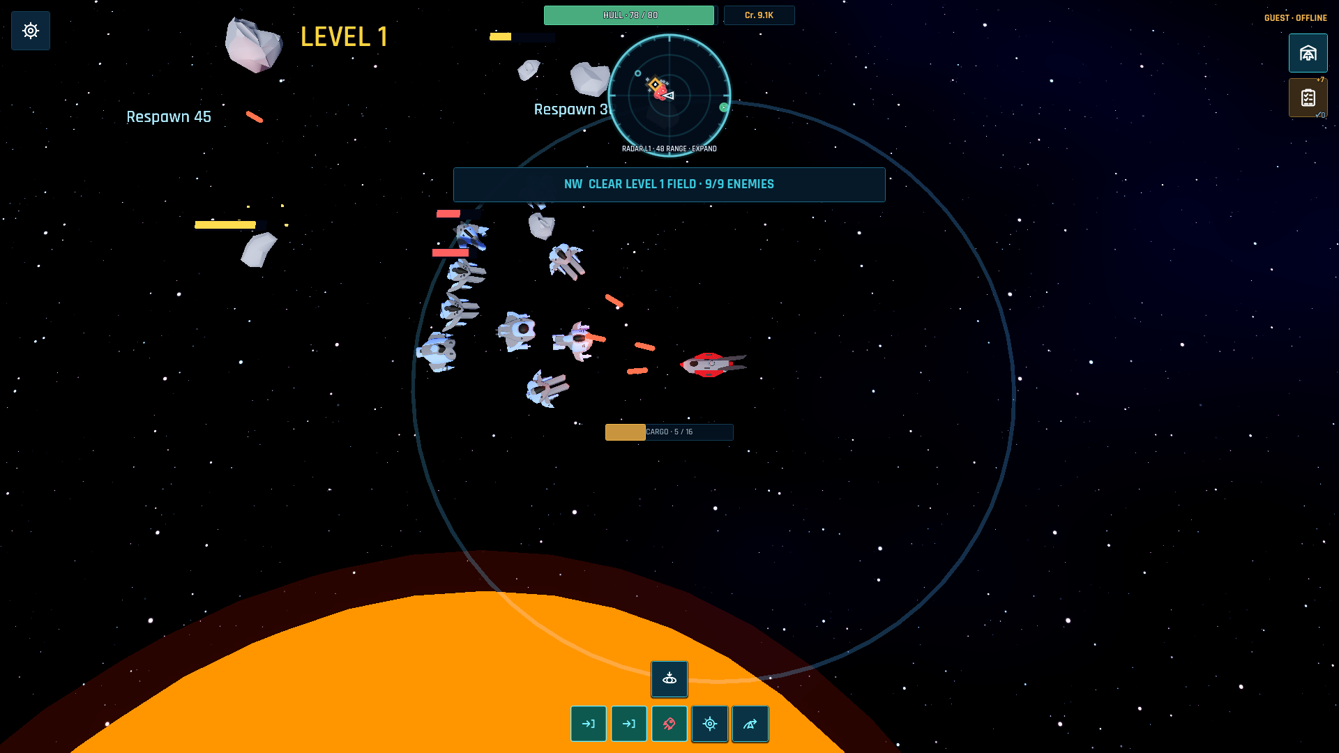 Current responsive gameplay showing a player ship operating beside a mineable asteroid with the flight HUD visible
