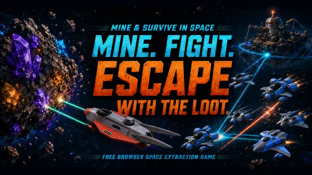 A mining ship escaping an asteroid field under enemy fire